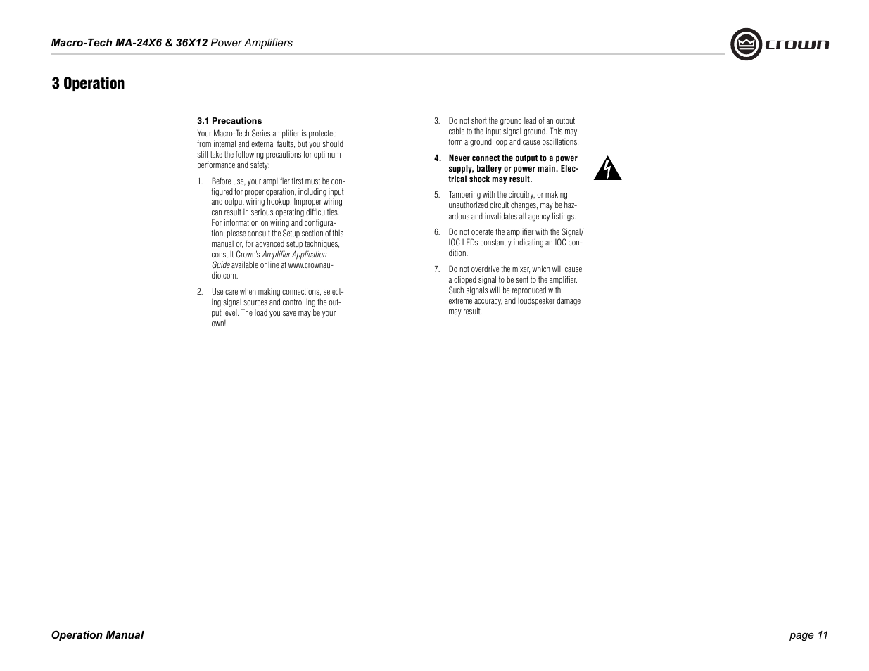 1 precautions, 3 operation | Crown Audio Macro-Tech Series (24x6 & 36x12) User Manual | Page 11 / 32