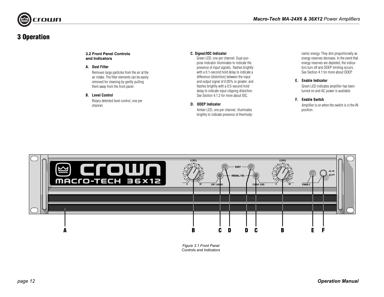 2 front panel controls and indicators, Figure 3.1 front panel controls and indicators, 3 operation | Crown Audio Macro-Tech Series (24x6 & 36x12) User Manual | Page 12 / 32