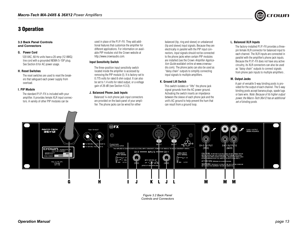 3 back panel controls and connectors, Figure 3.2 back panel controls and connectors, 3 operation | Crown Audio Macro-Tech Series (24x6 & 36x12) User Manual | Page 13 / 32