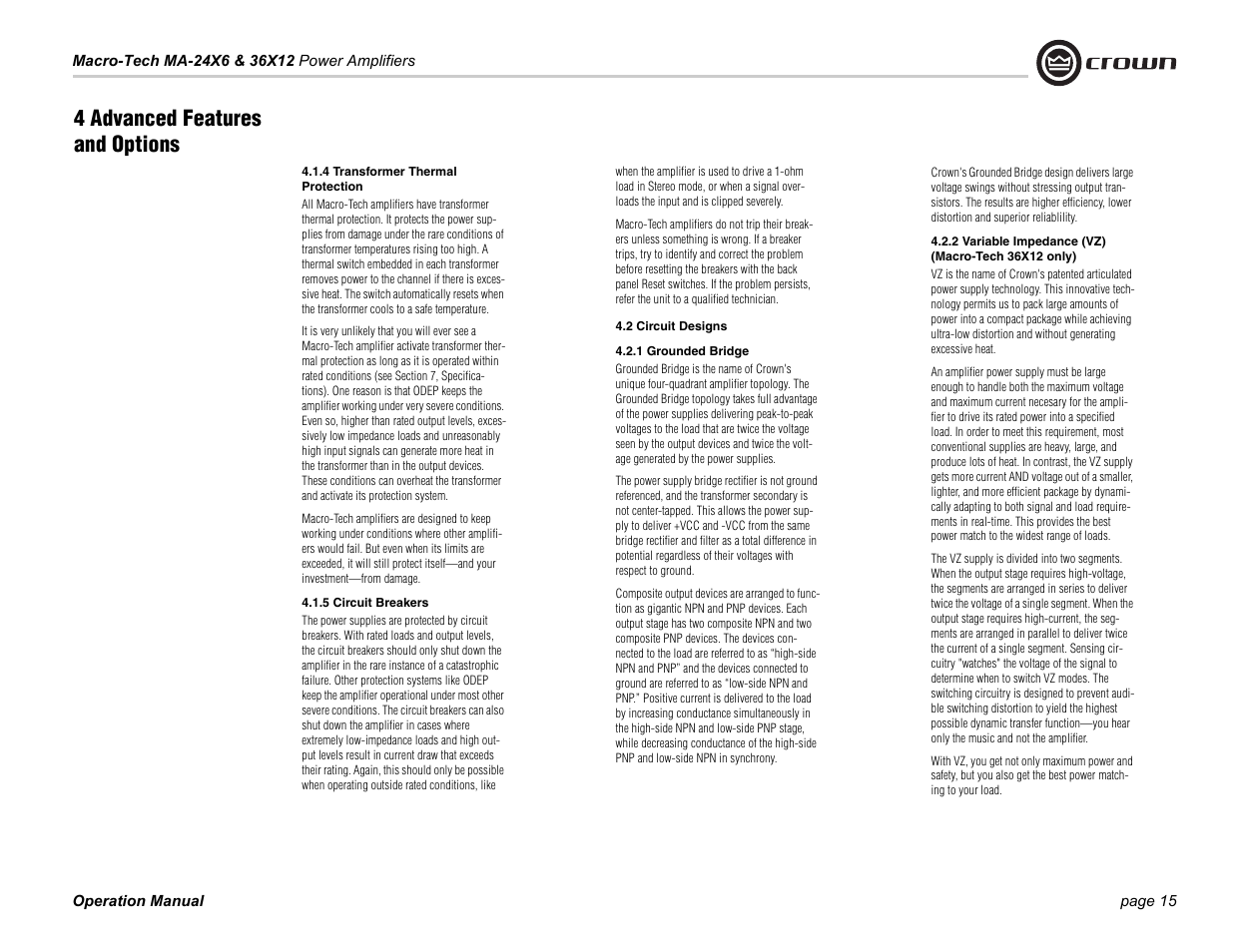 4 transformer thermal protection, 5 circuit breakers, 2 circuit designs | 1 grounded bridge, 2 variable impedance (vz) (macro-tech 36x12 only), 4 advanced features and options | Crown Audio Macro-Tech Series (24x6 & 36x12) User Manual | Page 15 / 32