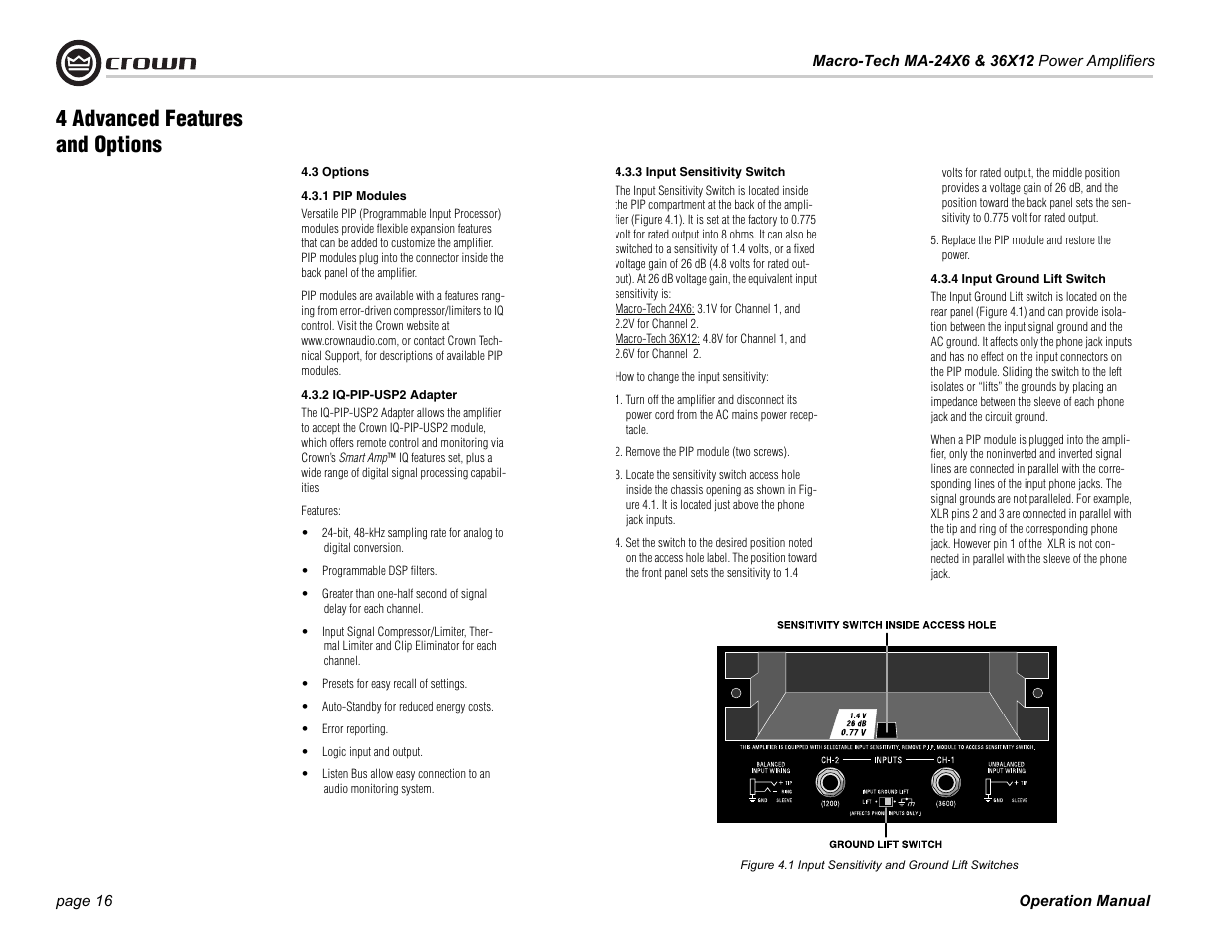 3 options, 1 pip modules, 2 iq-pip-usp2 adapter | 3 input sensitivity switch, 4 input ground lift switch, 4 advanced features and options | Crown Audio Macro-Tech Series (24x6 & 36x12) User Manual | Page 16 / 32