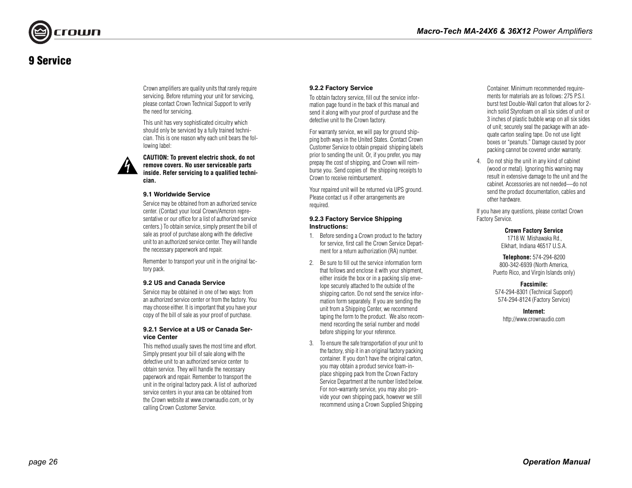9 service, 1 worldwide service, 2 us and canada service | 1 service at a us or canada service center, 2 factory service, 3 factory service shipping instructions | Crown Audio Macro-Tech Series (24x6 & 36x12) User Manual | Page 26 / 32