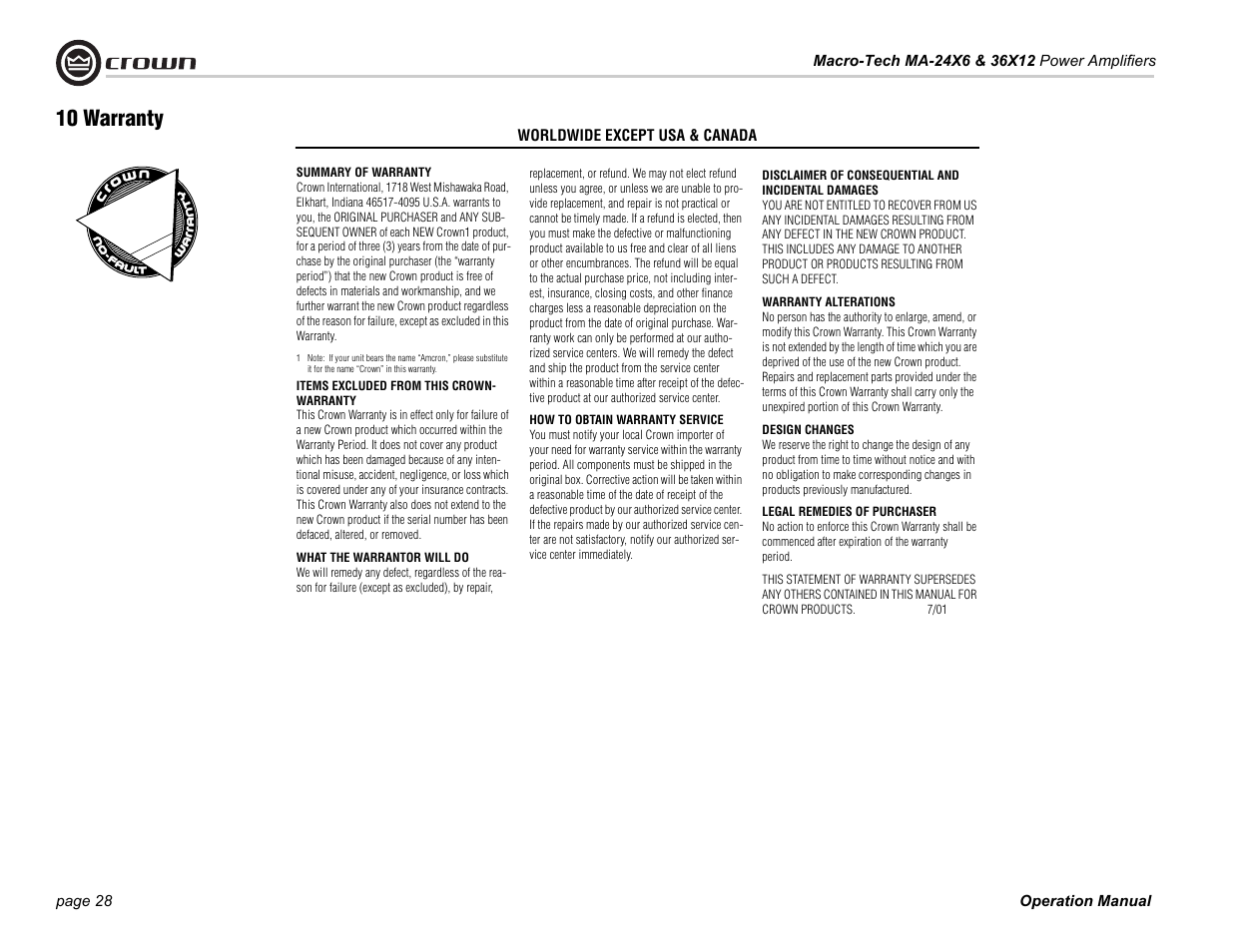 10 warranty | Crown Audio Macro-Tech Series (24x6 & 36x12) User Manual | Page 28 / 32