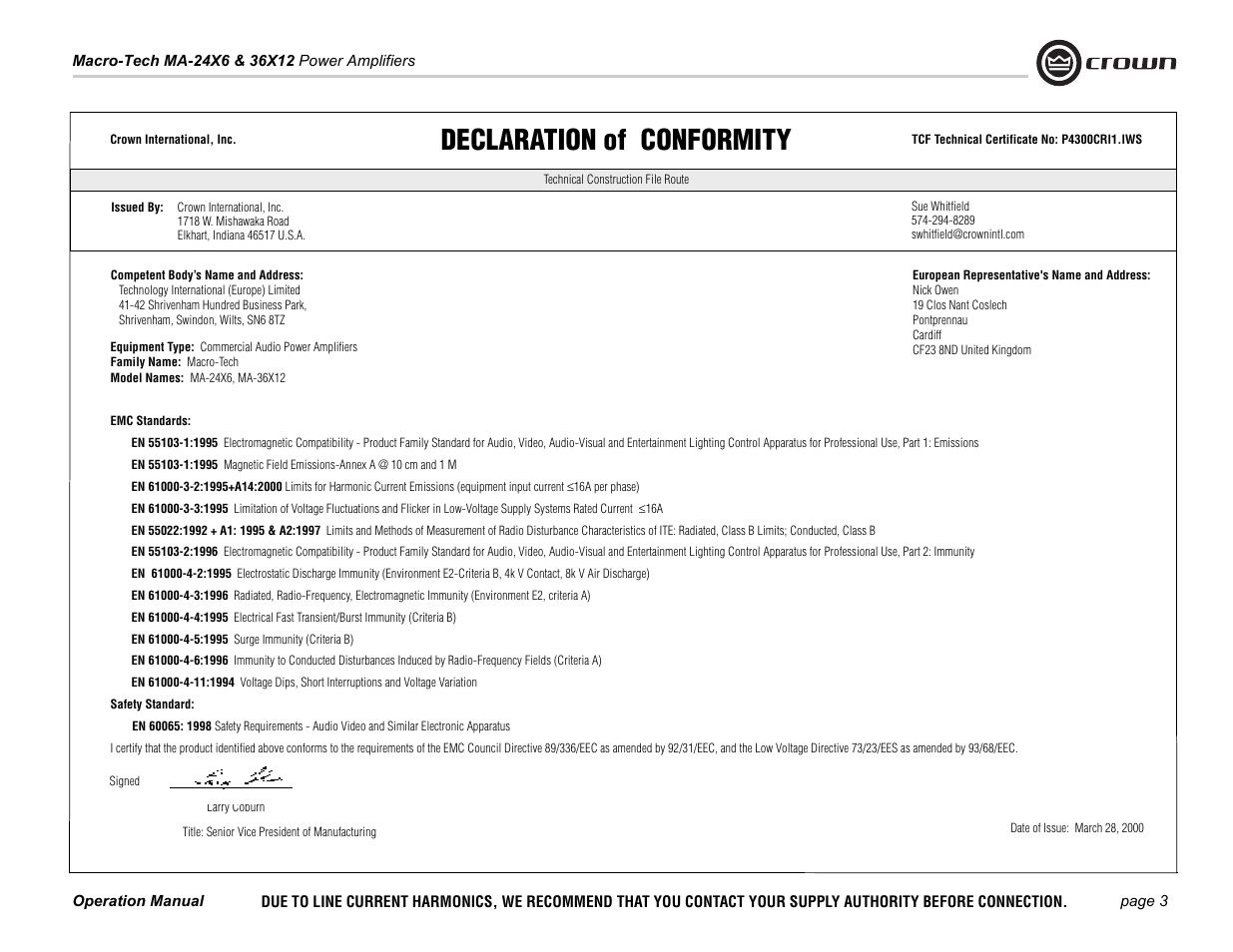 Declaration of conformity | Crown Audio Macro-Tech Series (24x6 & 36x12) User Manual | Page 3 / 32