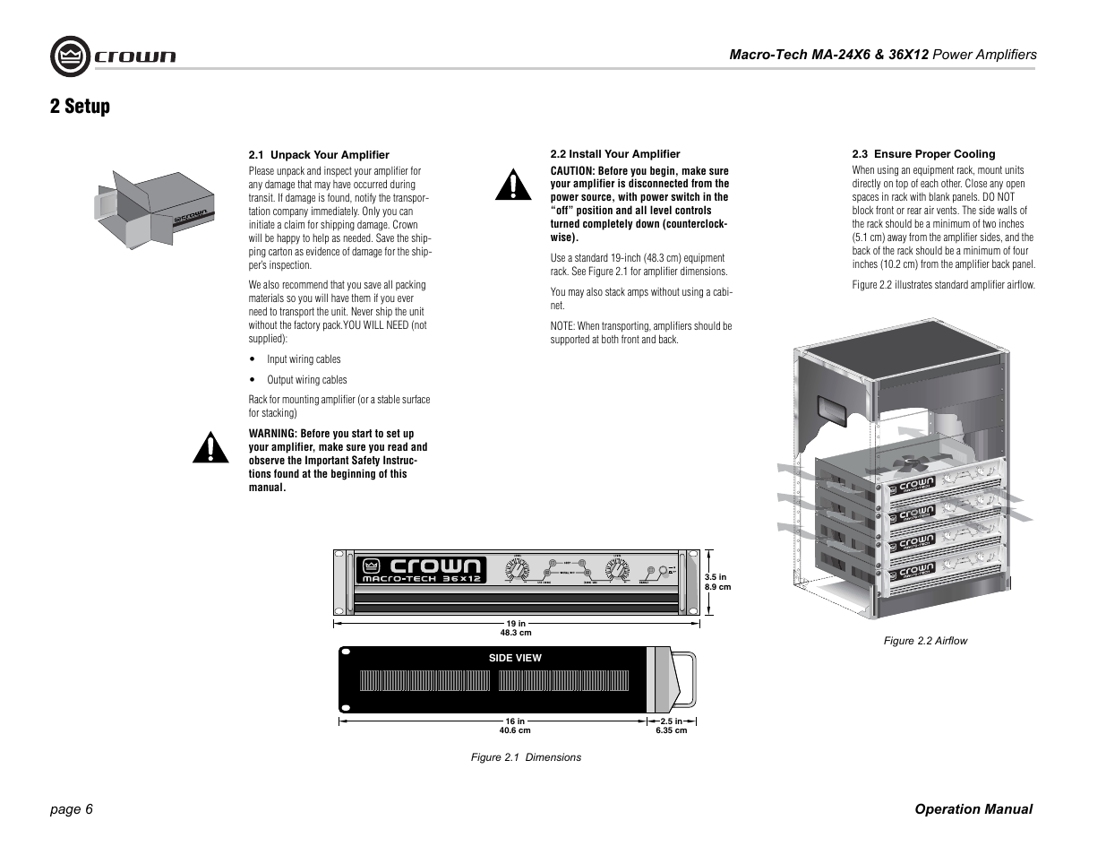 1 unpack your amplifier, 2 install your amplifier, 3 ensure proper cooling | 2 setup | Crown Audio Macro-Tech Series (24x6 & 36x12) User Manual | Page 6 / 32