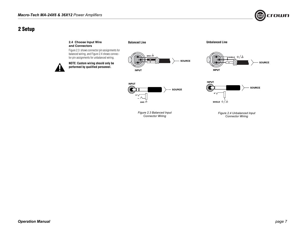 4 choose input wire and connectors, 2 setup | Crown Audio Macro-Tech Series (24x6 & 36x12) User Manual | Page 7 / 32
