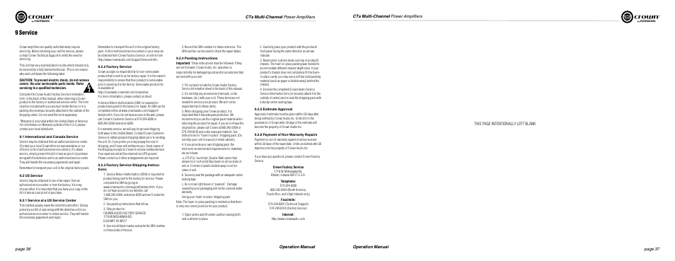 9 service, This page intentionally left blank | Crown Audio CTs Series (Multi-Channel USP_CN) User Manual | Page 19 / 23