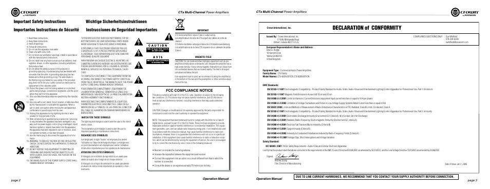 Declaration of conformity, Important safety instructions, Fcc compliance notice | Crown Audio CTs Series (Multi-Channel USP_CN) User Manual | Page 2 / 23