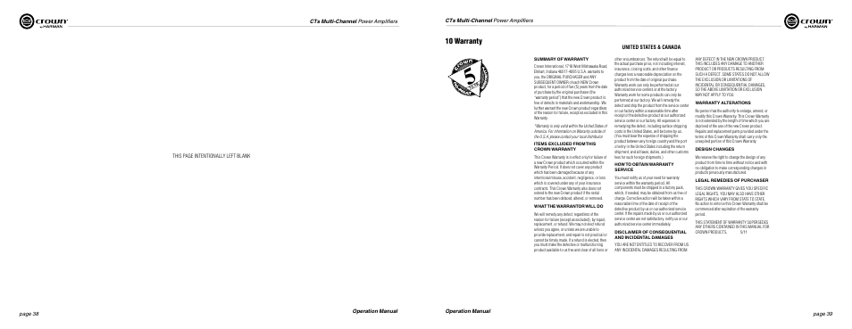 10 warranty | Crown Audio CTs Series (Multi-Channel USP_CN) User Manual | Page 20 / 23