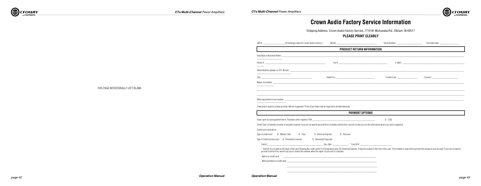 Crown audio factory service information, Please print clearly | Crown Audio CTs Series (Multi-Channel USP_CN) User Manual | Page 22 / 23