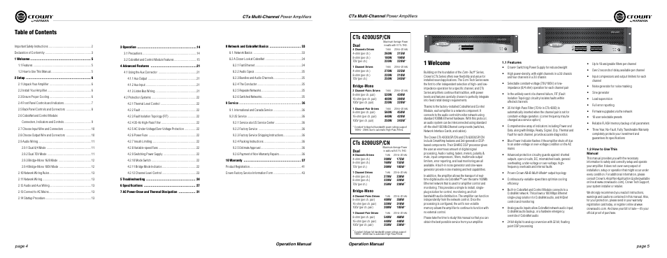 Table of contents 1 welcome, Cts 4200usp/cn, Cts 8200usp/cn | Crown Audio CTs Series (Multi-Channel USP_CN) User Manual | Page 3 / 23