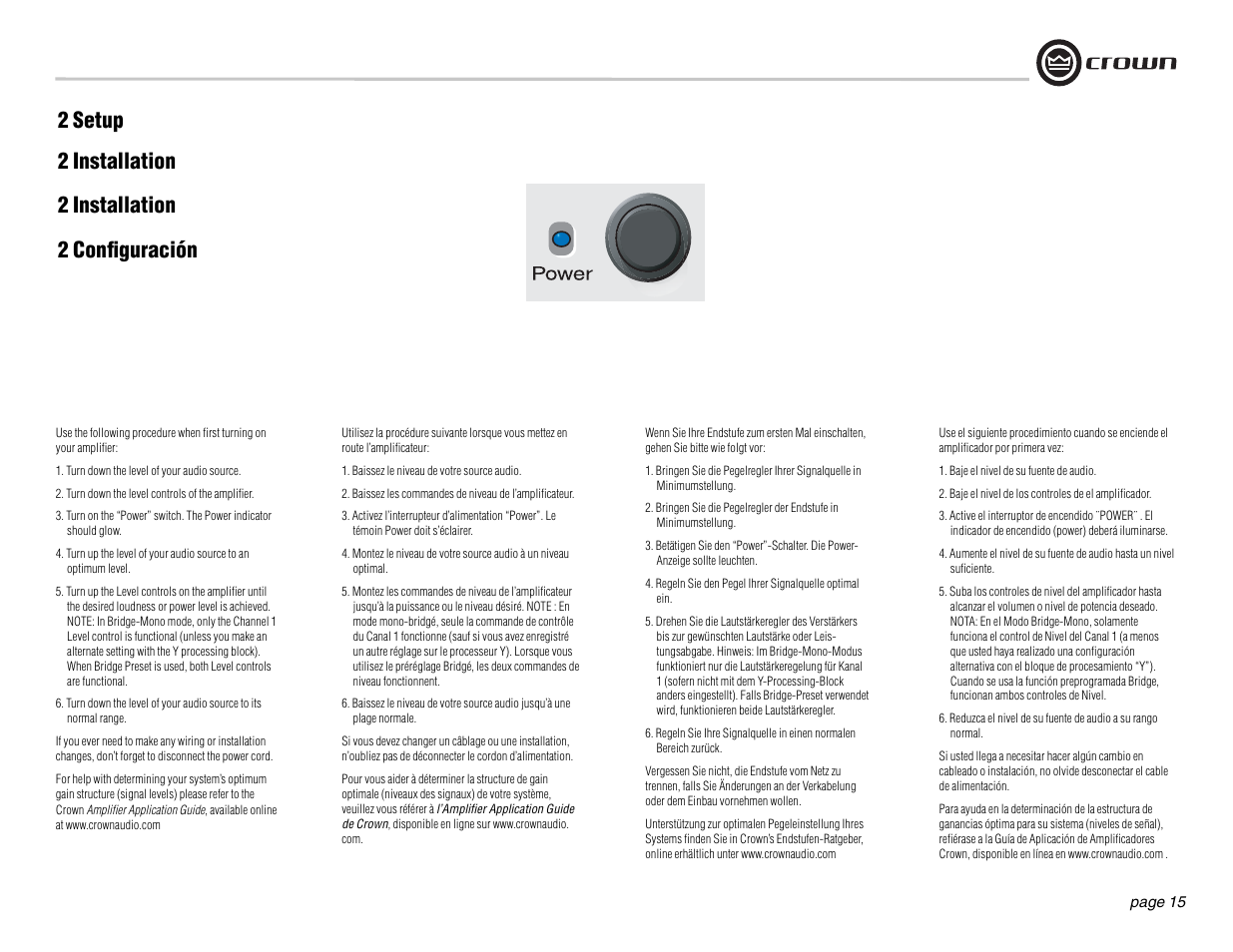 2 setup, 2 confi guración, 2 installation | Crown Audio DSi Series User Manual | Page 15 / 49