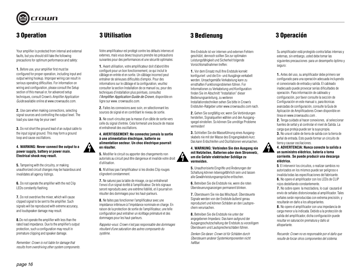 3 operation 3 bedienung 3 operación, 3 utilisation | Crown Audio DSi Series User Manual | Page 16 / 49