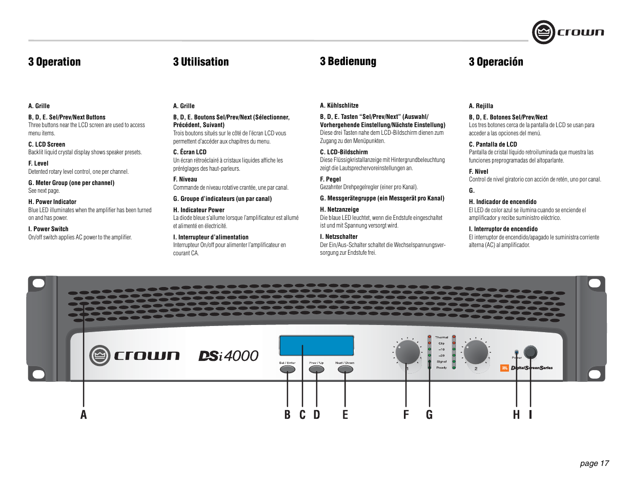 3 operation, 3 bedienung, 3 operación | 3 utilisation | Crown Audio DSi Series User Manual | Page 17 / 49