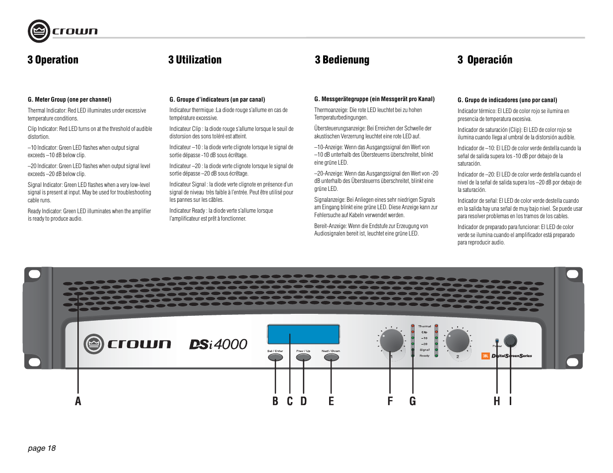 3 operation, 3 utilization, 3 bedienung | 3 operación | Crown Audio DSi Series User Manual | Page 18 / 49