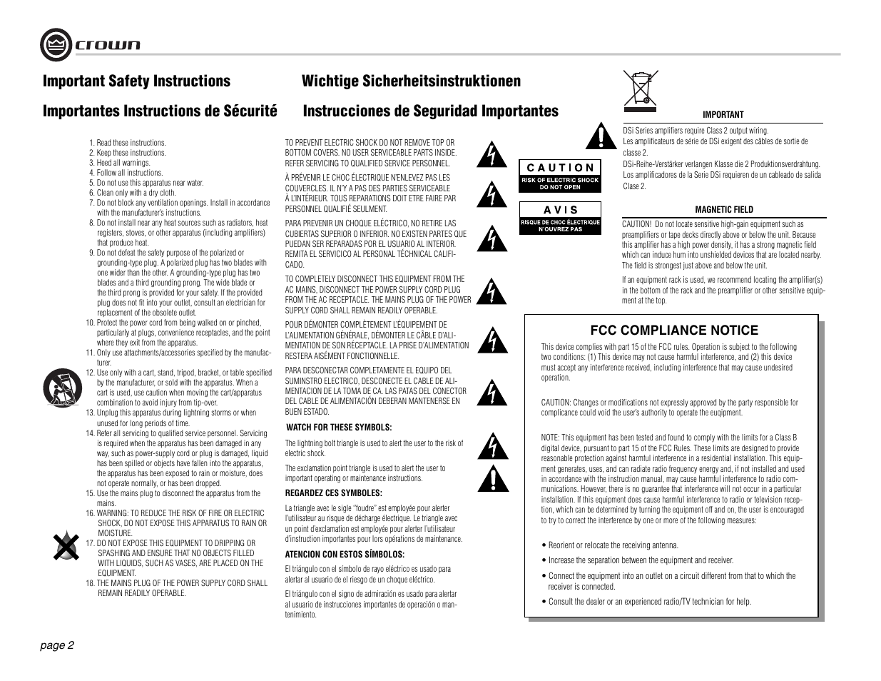 Important safety instructions, Fcc compliance notice | Crown Audio DSi Series User Manual | Page 2 / 49