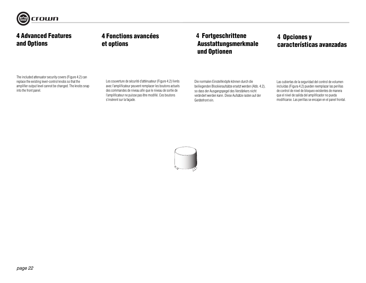 4 advanced features and options, 4 opciones y características avan zadas, 4 fonctions avancées et options | Crown Audio DSi Series User Manual | Page 22 / 49