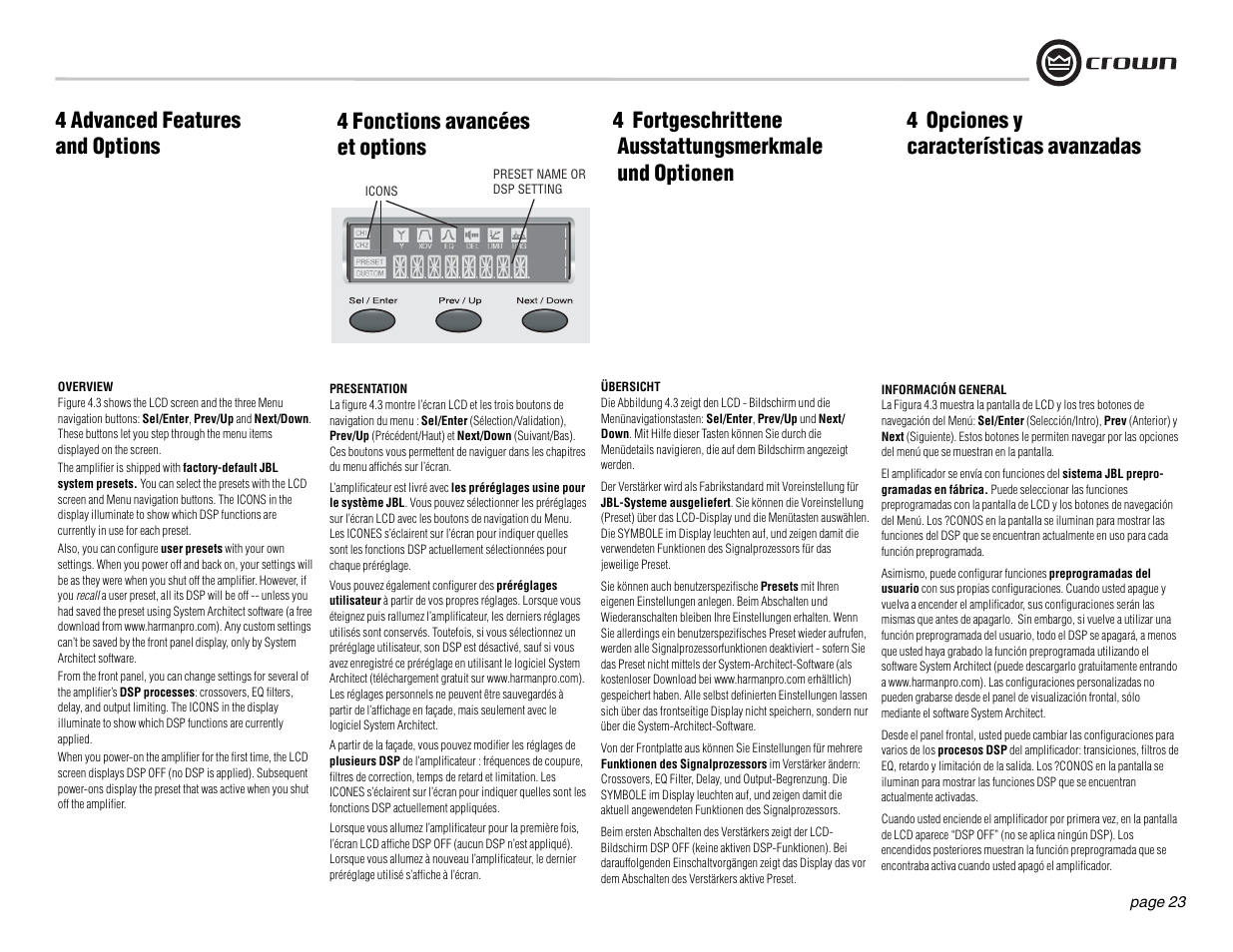 4 advanced features and options, 4 fonctions avancées et options, 4 opciones y características avanzadas | Crown Audio DSi Series User Manual | Page 23 / 49