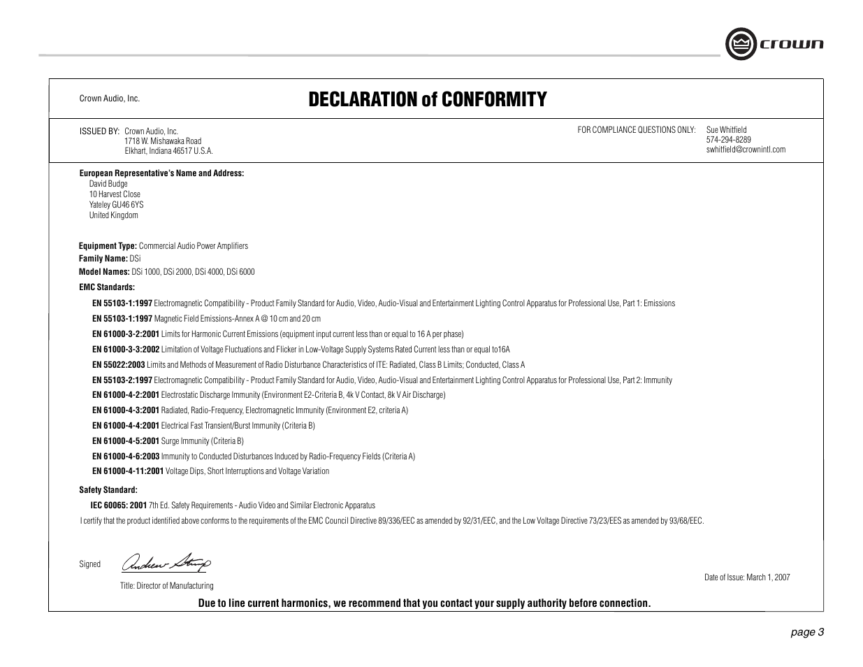 Declaration of conformity | Crown Audio DSi Series User Manual | Page 3 / 49