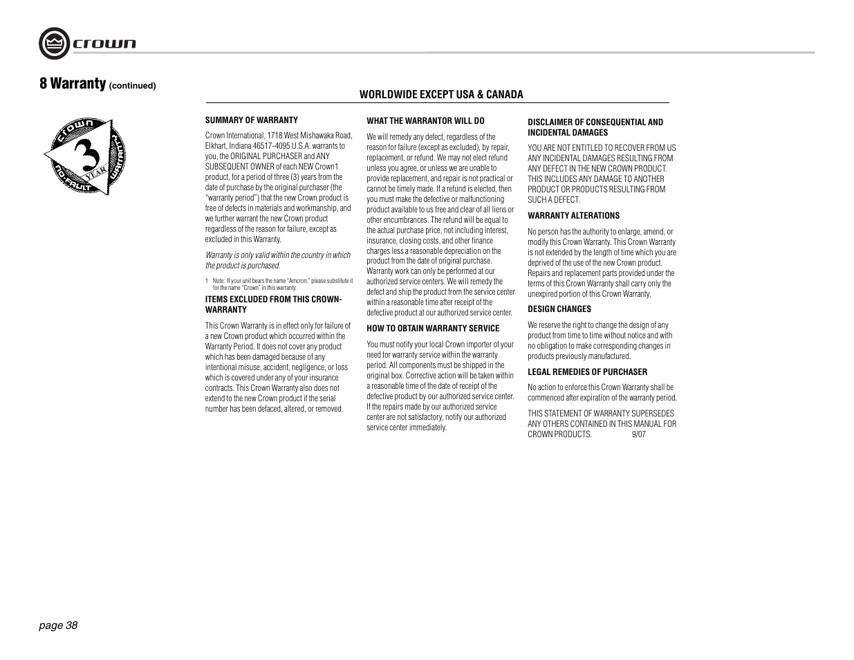 8 warranty | Crown Audio DSi Series User Manual | Page 38 / 49