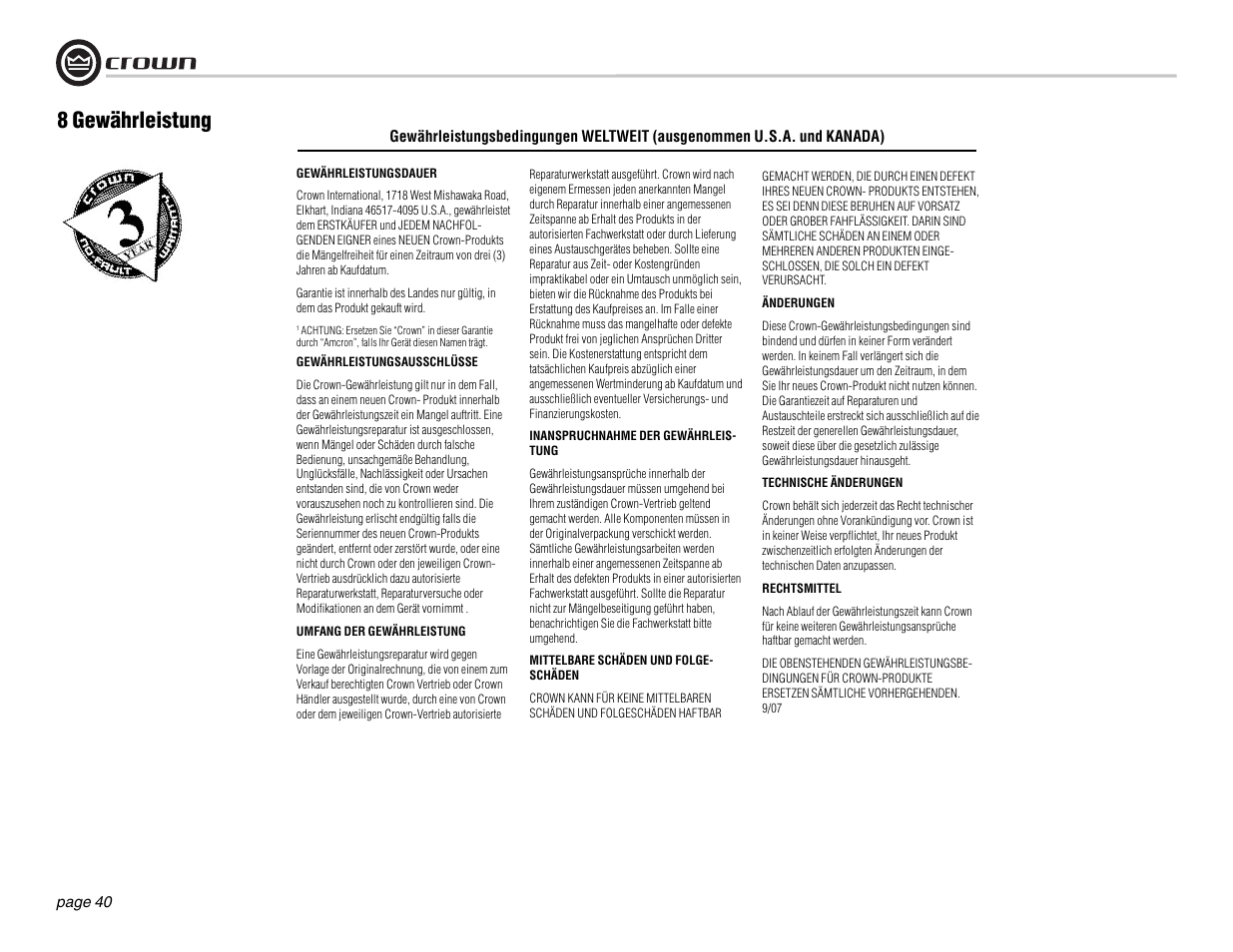 8 gewährleistung | Crown Audio DSi Series User Manual | Page 40 / 49