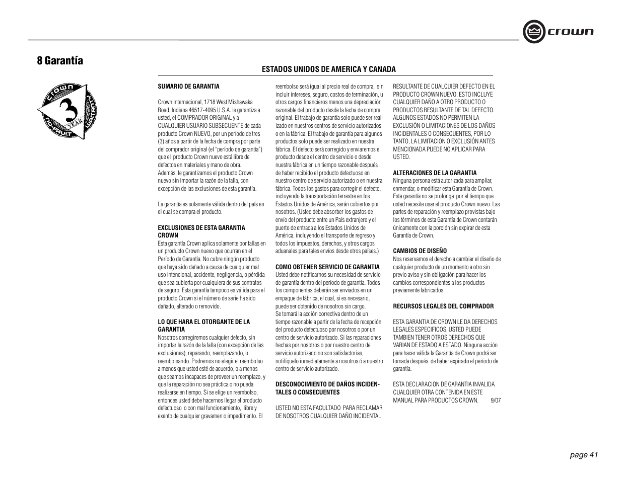8 garantía | Crown Audio DSi Series User Manual | Page 41 / 49