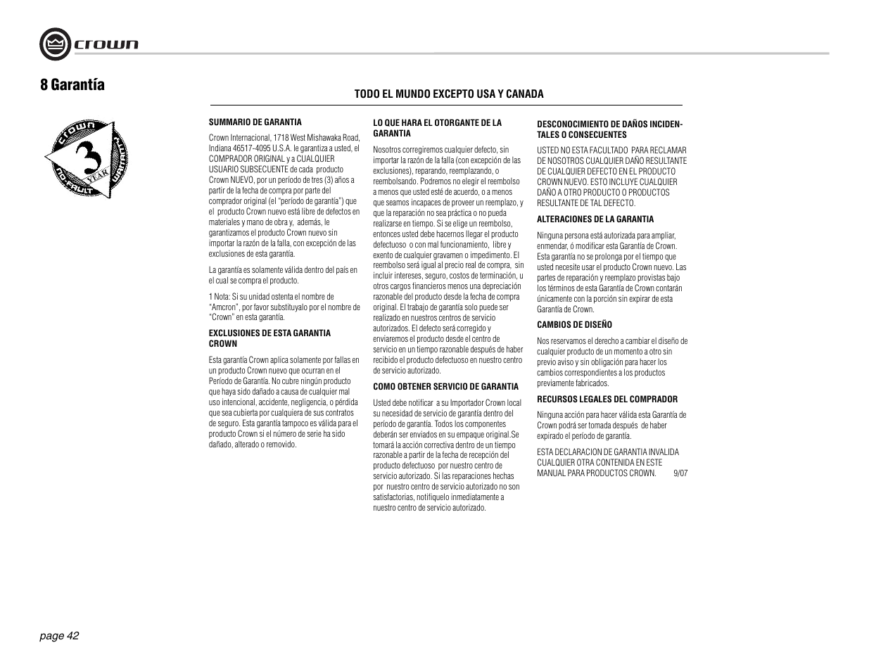 8 garantía | Crown Audio DSi Series User Manual | Page 42 / 49