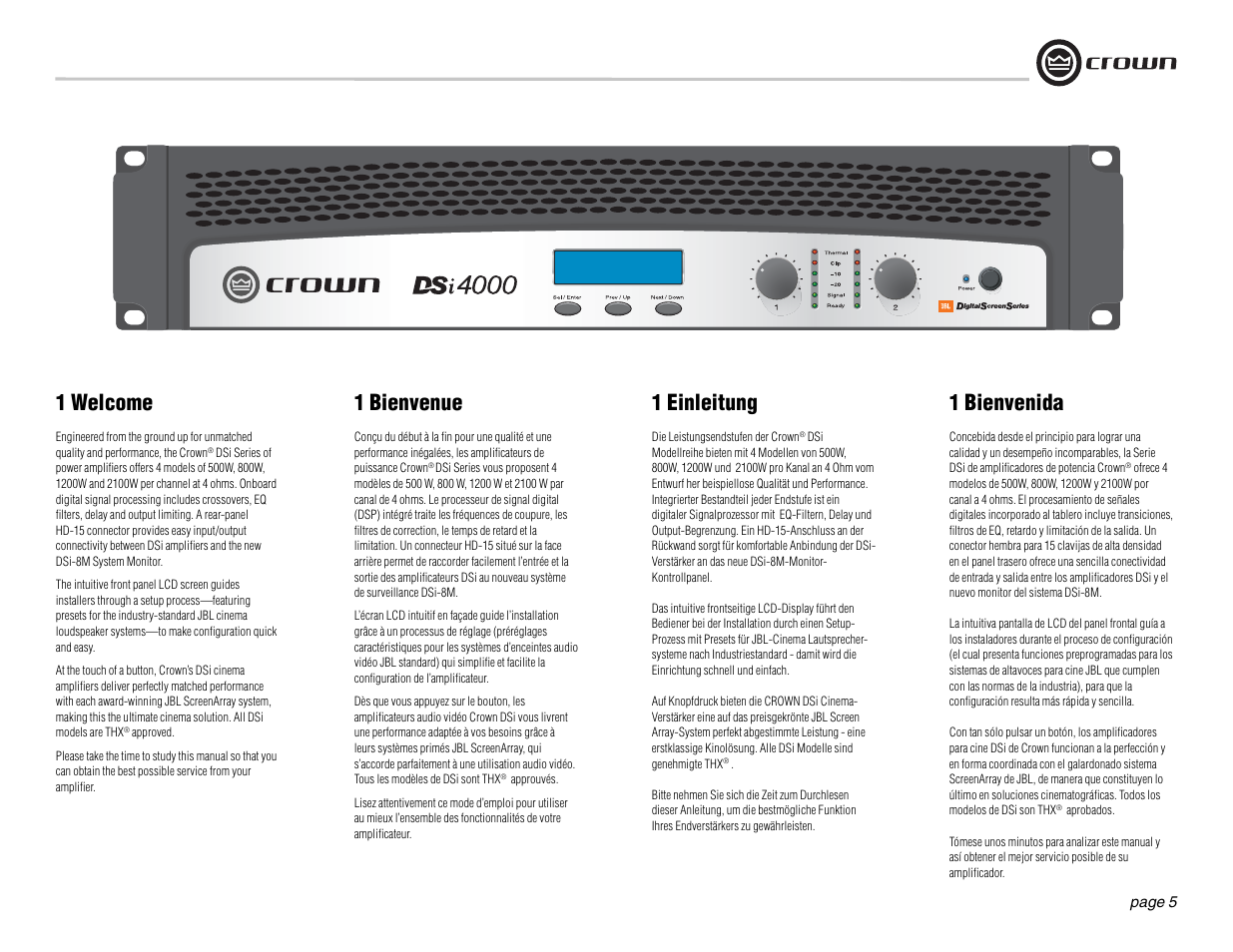 1 welcome, 1 einleitung, 1 bienvenida | 1 bienvenue | Crown Audio DSi Series User Manual | Page 5 / 49