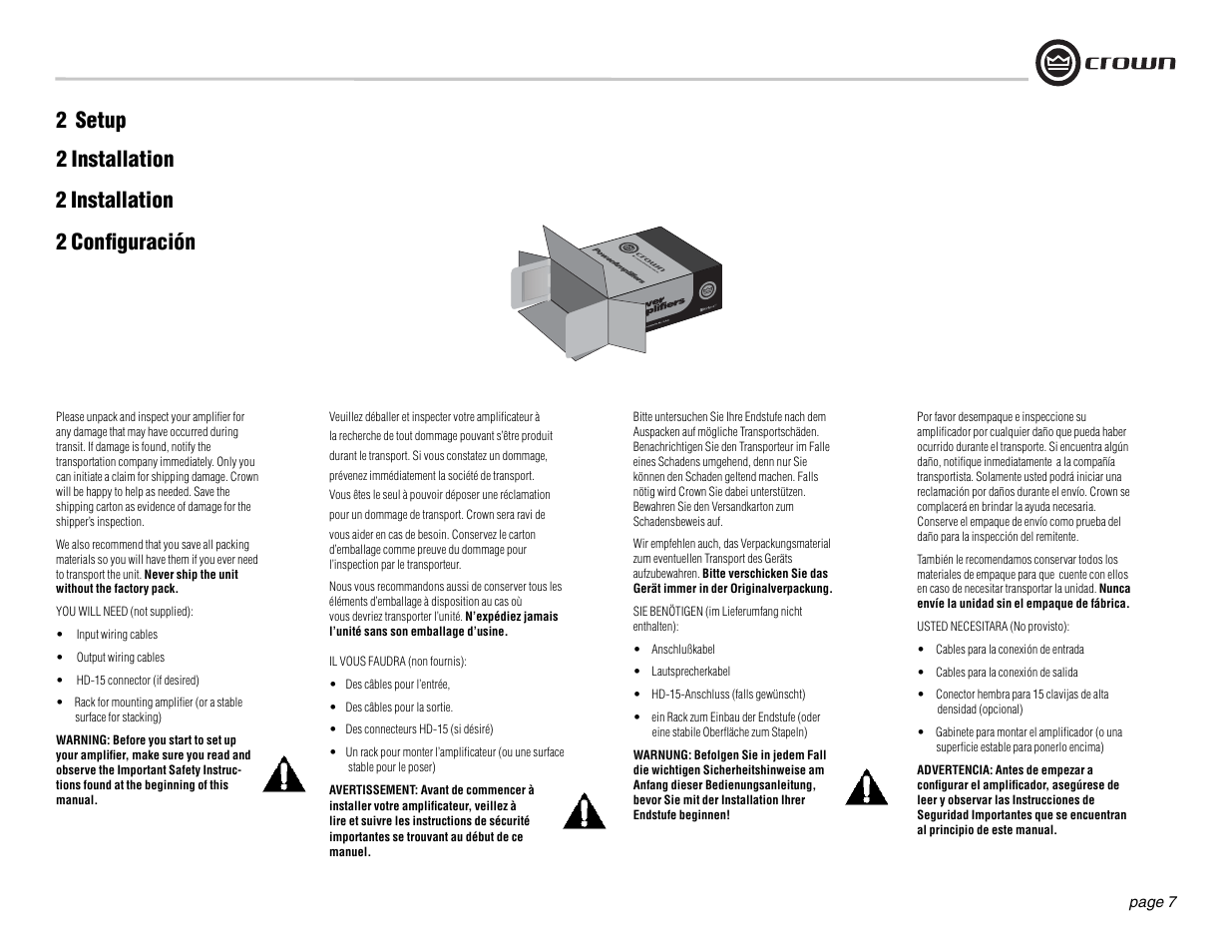 2 setup 2 installation 2 confi guración, 2 installation | Crown Audio DSi Series User Manual | Page 7 / 49