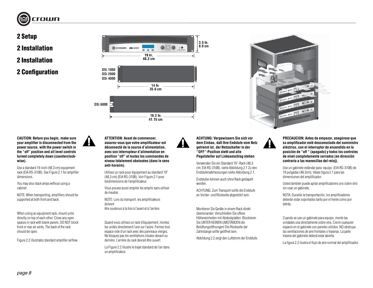 2 setup, 2 installation, 2 confi guration | Crown Audio DSi Series User Manual | Page 8 / 49