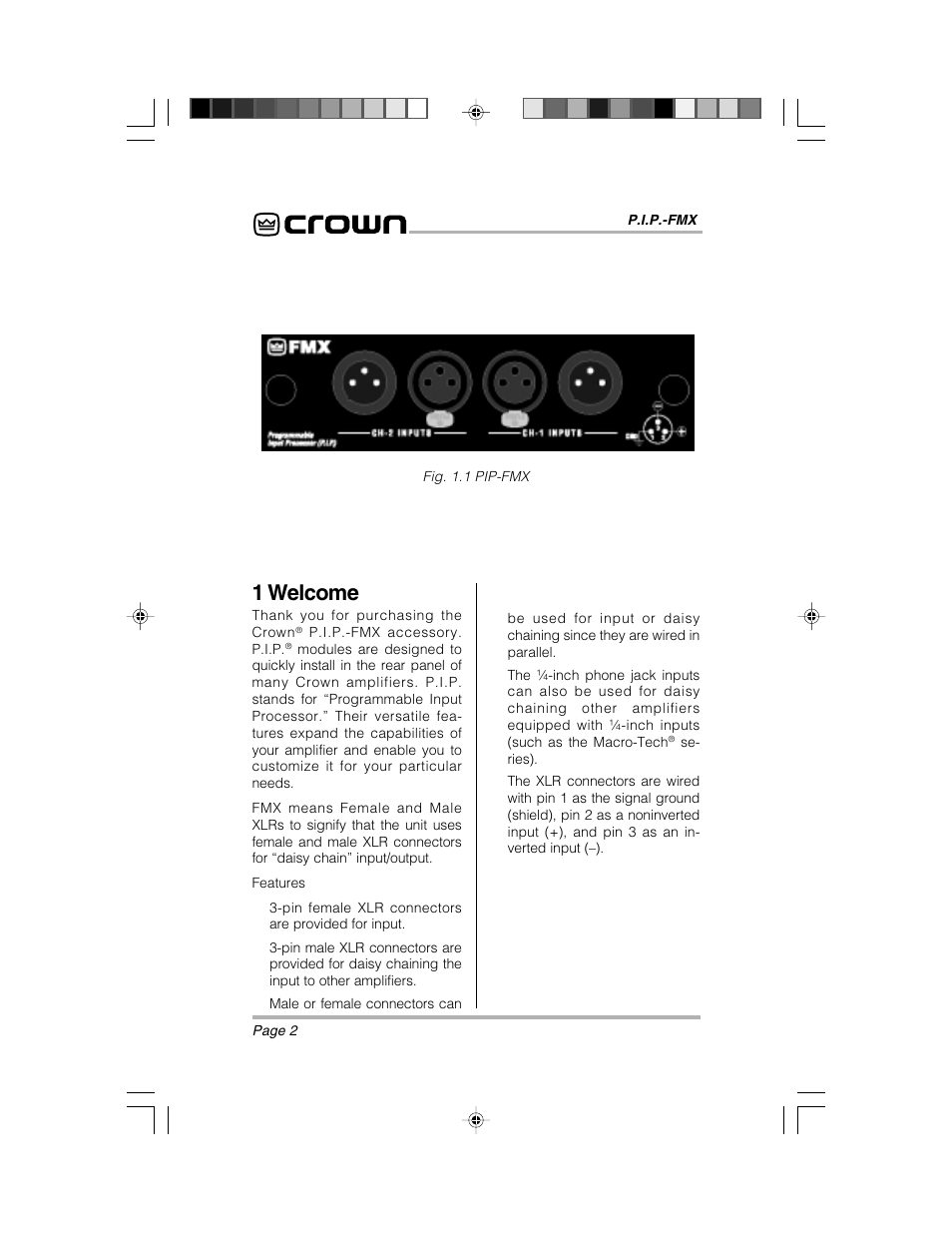 1 welcome | Crown Audio P.I.P.-FMXT User Manual | Page 2 / 4