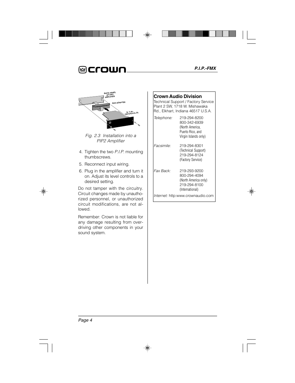 Crown Audio P.I.P.-FMXT User Manual | Page 4 / 4