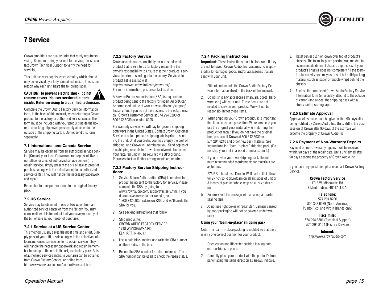 7 service | Crown Audio CP660 User Manual | Page 15 / 20