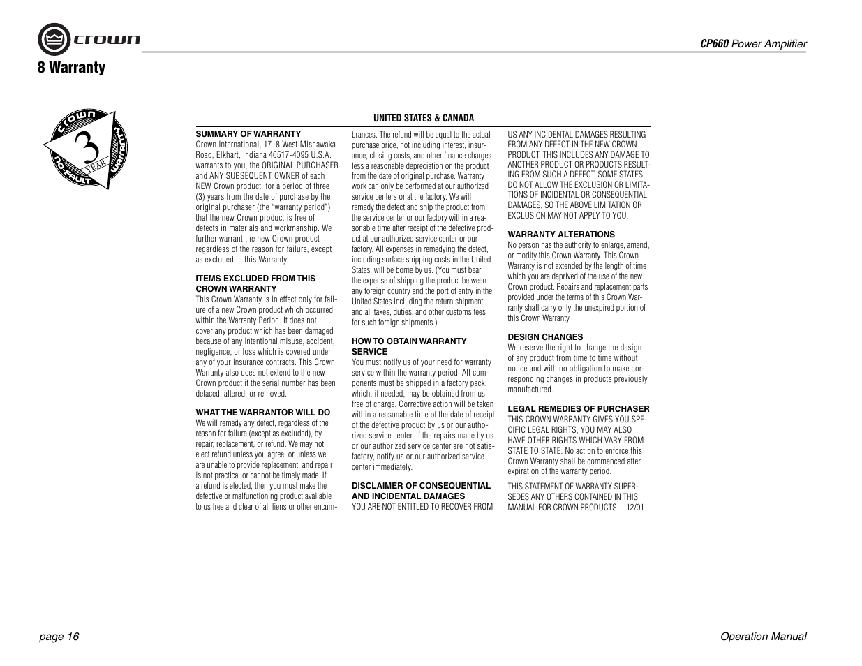 8 warranty | Crown Audio CP660 User Manual | Page 16 / 20