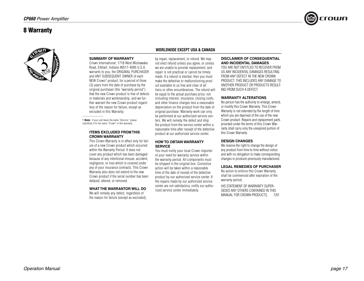 8 warranty | Crown Audio CP660 User Manual | Page 17 / 20
