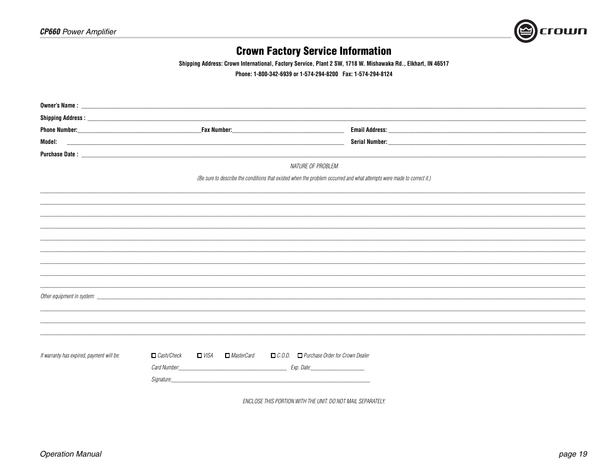 Crown factory service information | Crown Audio CP660 User Manual | Page 19 / 20