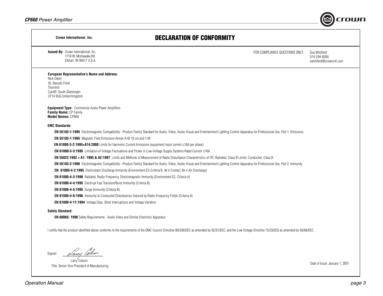 Declaration of conformity | Crown Audio CP660 User Manual | Page 3 / 20