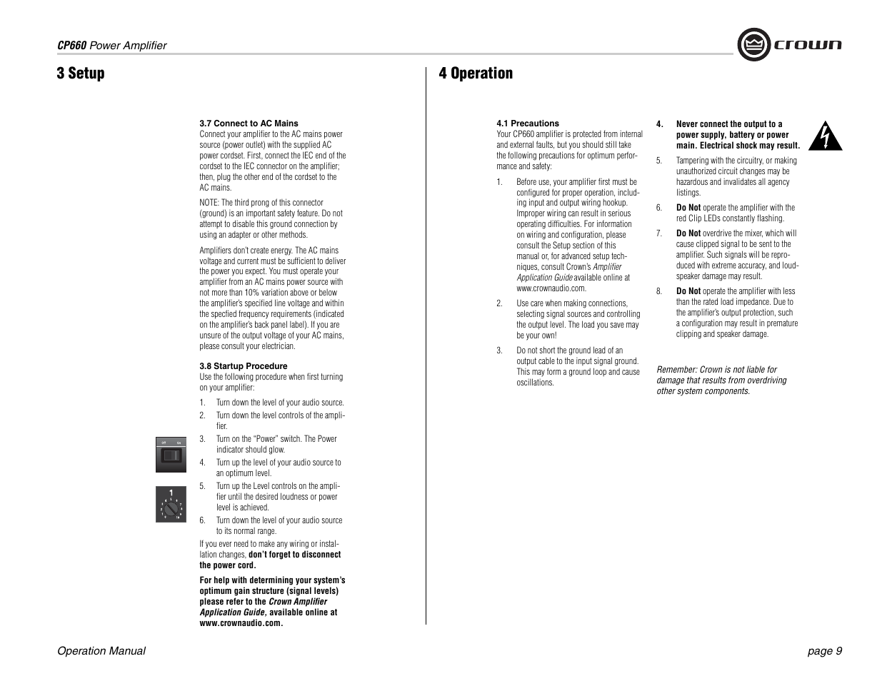 4 operation, 3 setup | Crown Audio CP660 User Manual | Page 9 / 20