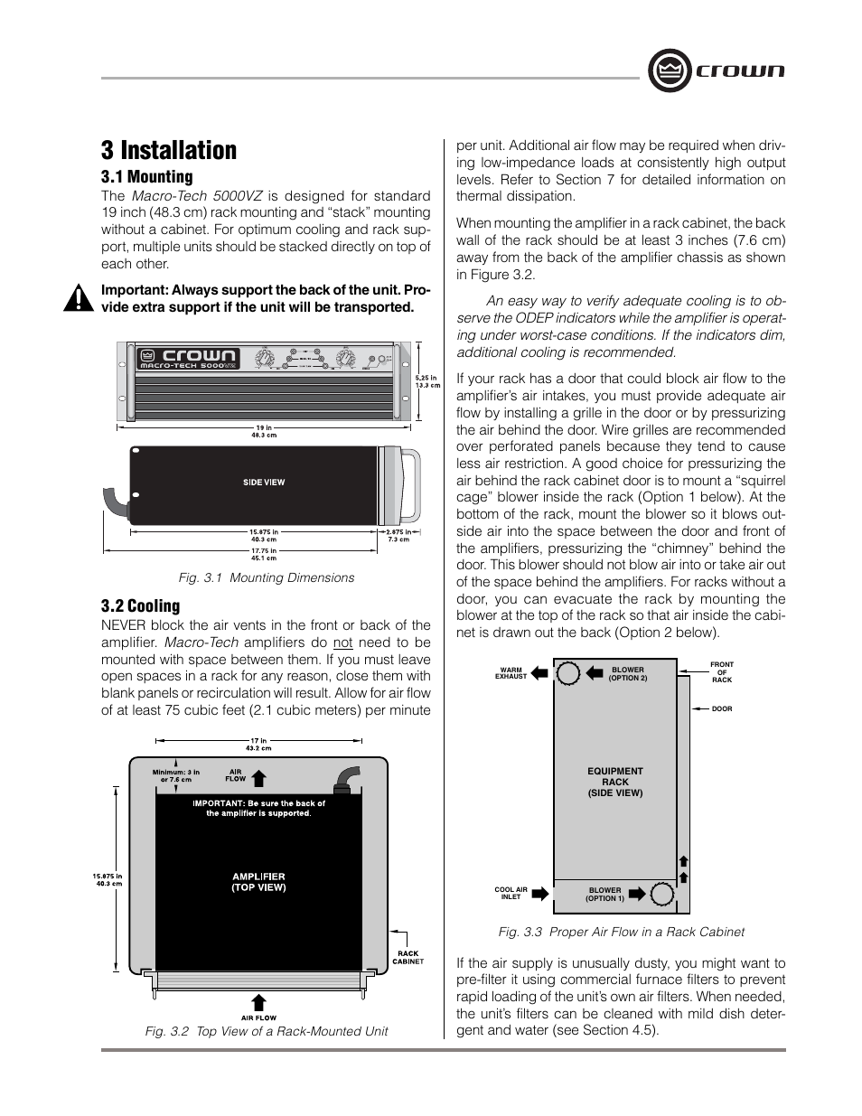 3 installation, 1 mounting, 2 cooling | Crown Audio Macro-Tech MA-5000VZ User Manual | Page 12 / 43