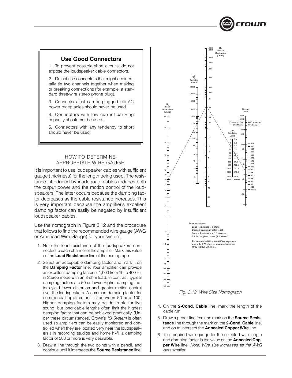 Use good connectors, Iq system, Fig. 3.12 wire size nomograph | Crown Audio Macro-Tech MA-5000VZ User Manual | Page 18 / 43