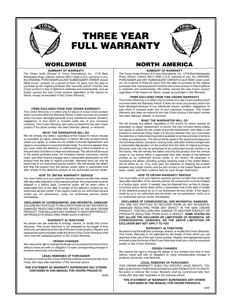 Three year full warranty, Worldwide, North america | Crown Audio Macro-Tech MA-5000VZ User Manual | Page 2 / 43