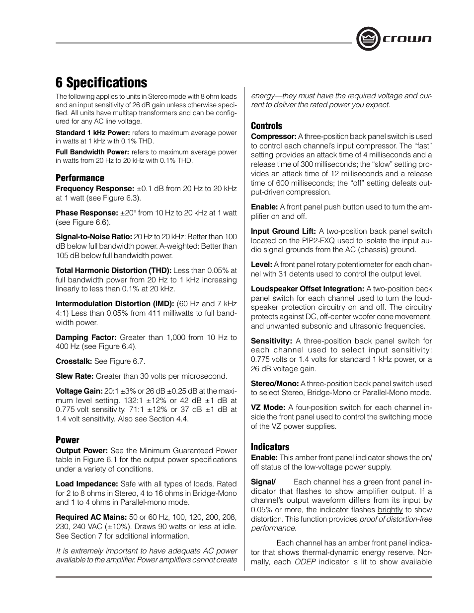 6 specifications | Crown Audio Macro-Tech MA-5000VZ User Manual | Page 32 / 43