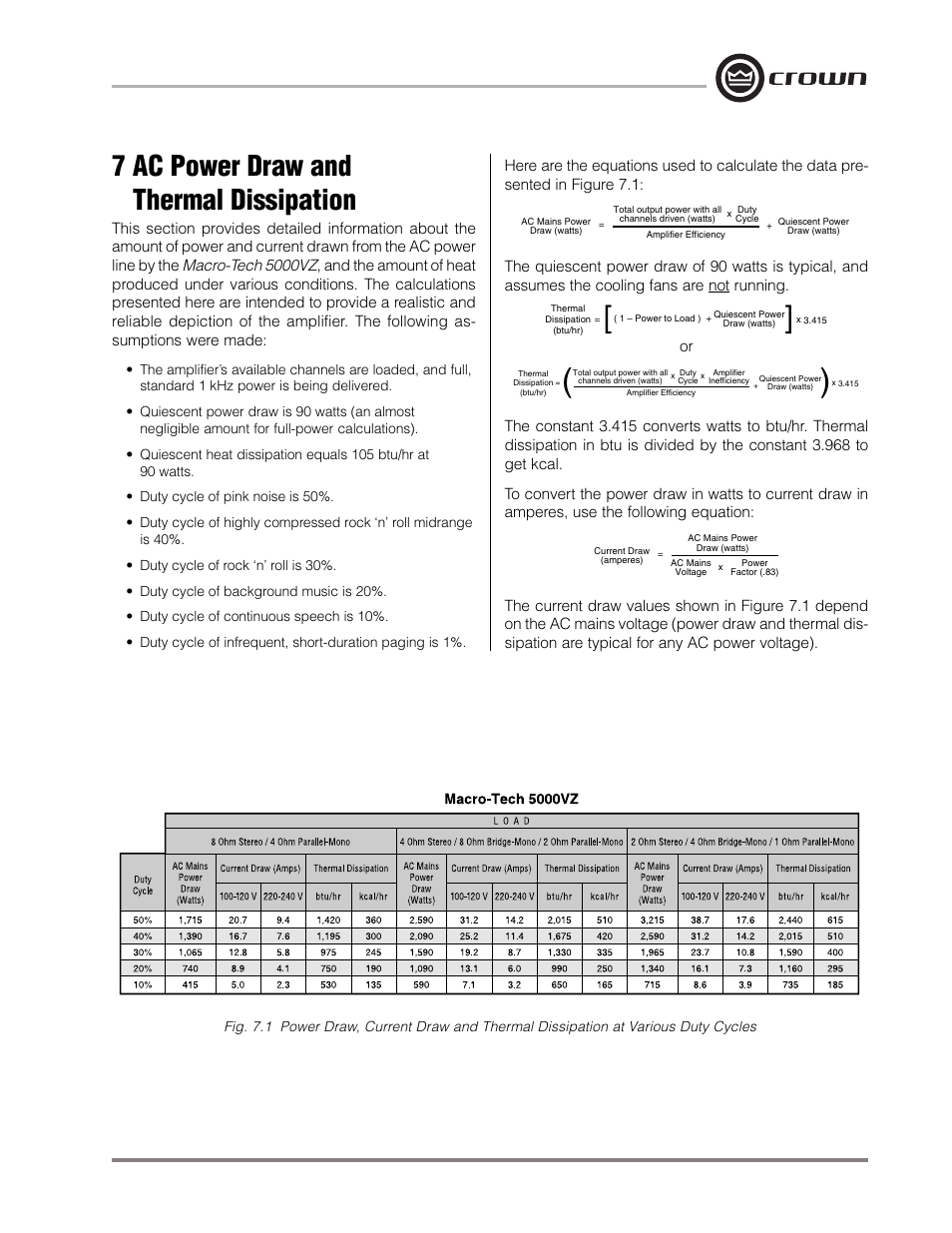 7 ac power draw and thermal dissipation | Crown Audio Macro-Tech MA-5000VZ User Manual | Page 38 / 43