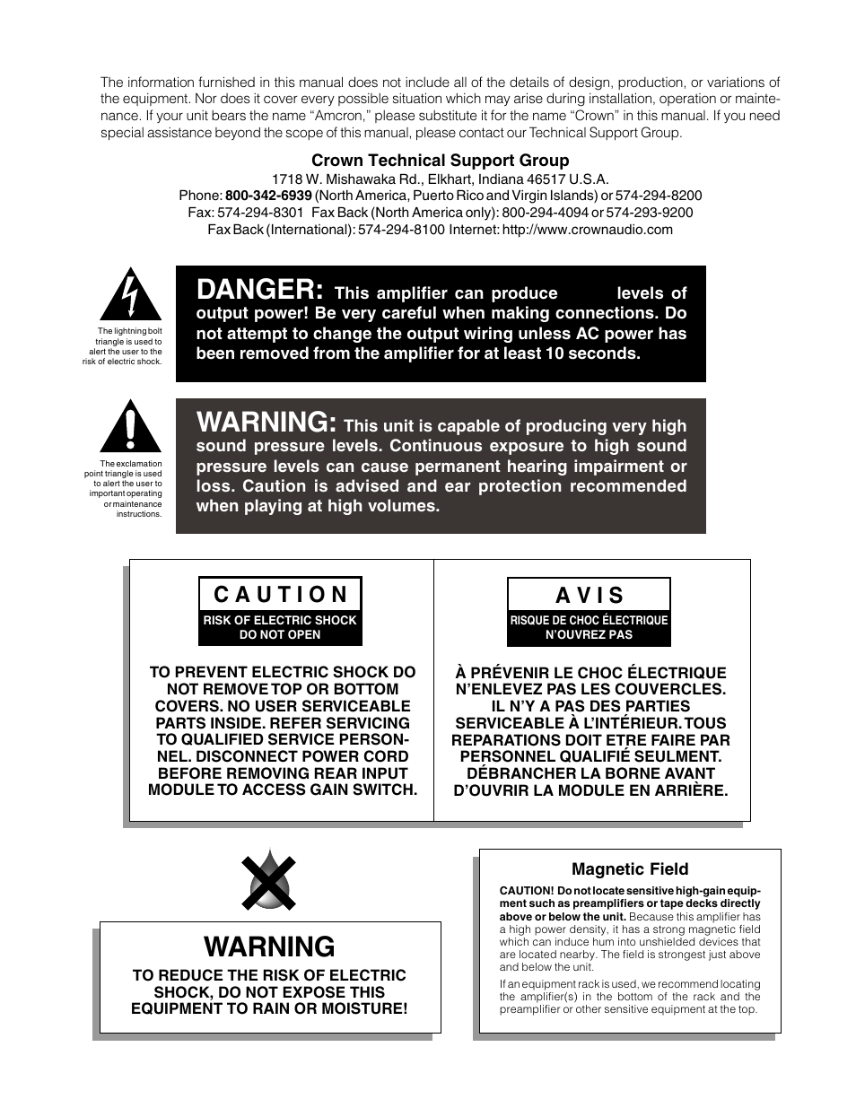 Danger, Warning, A v i s | Crown Audio Macro-Tech MA-5000VZ User Manual | Page 4 / 43