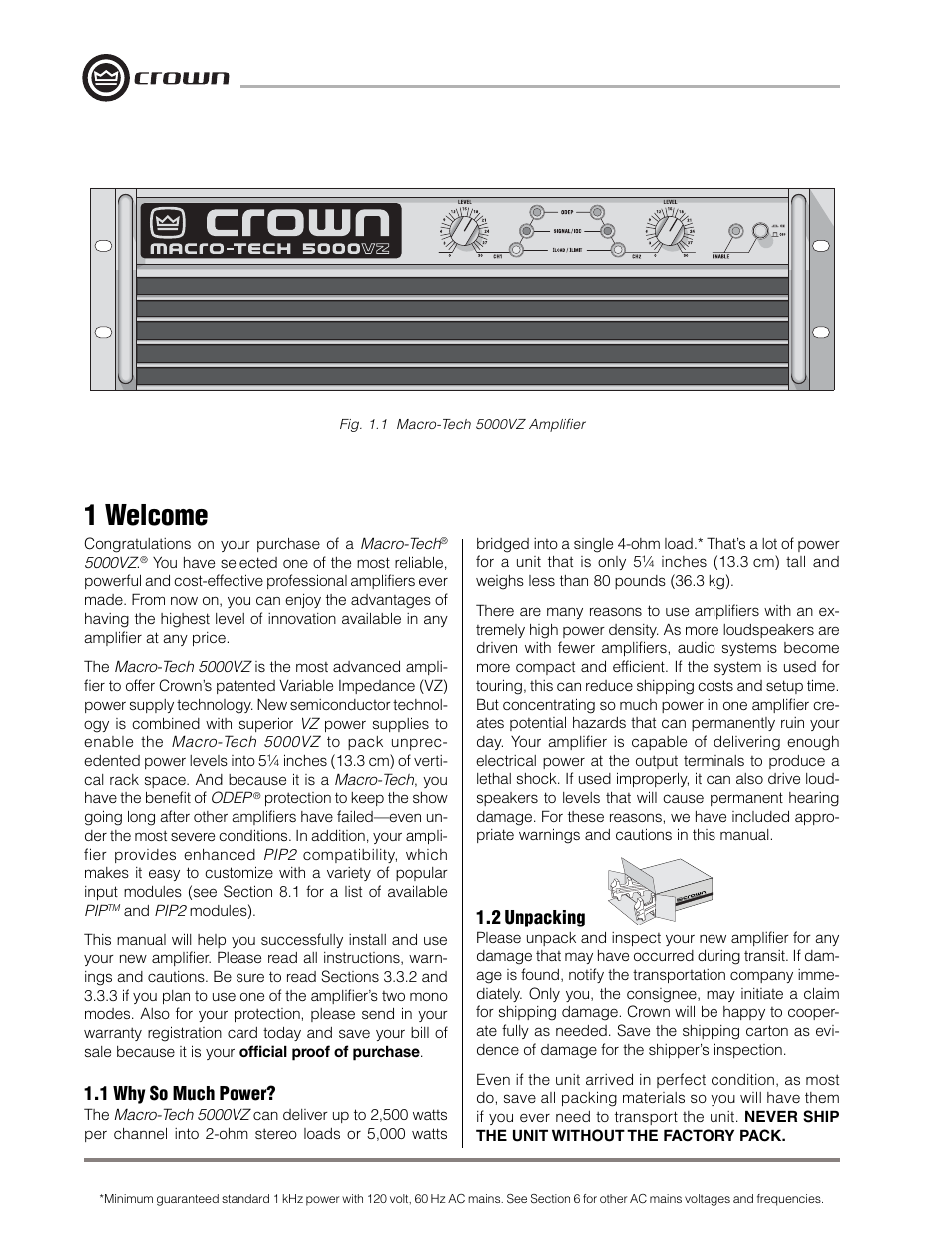 1 welcome | Crown Audio Macro-Tech MA-5000VZ User Manual | Page 7 / 43