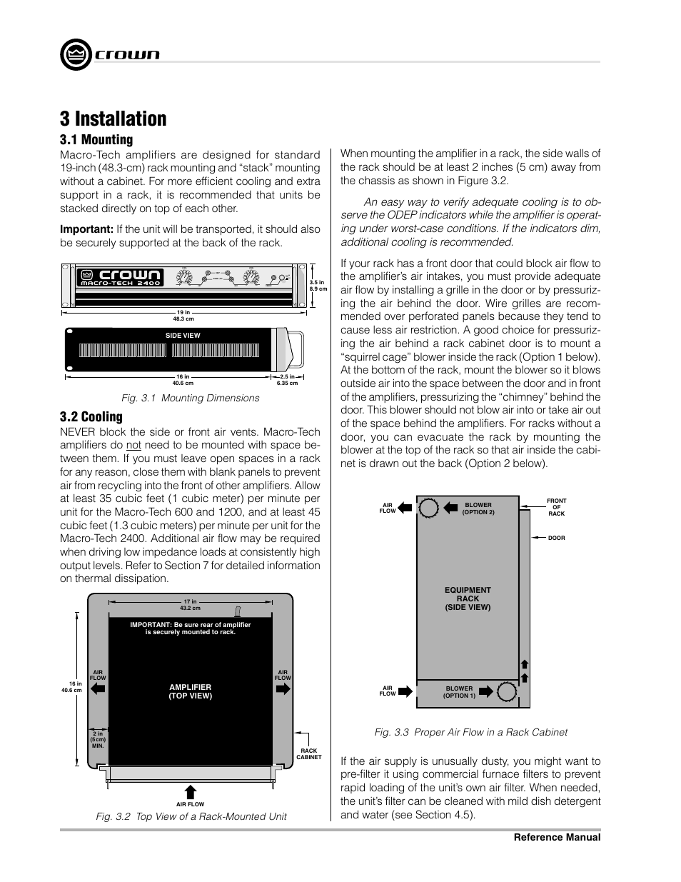 3 installation, 1 mounting, 2 cooling | Crown Audio Macro-Tech Series (600, 1200 & 2400) User Manual | Page 10 / 42