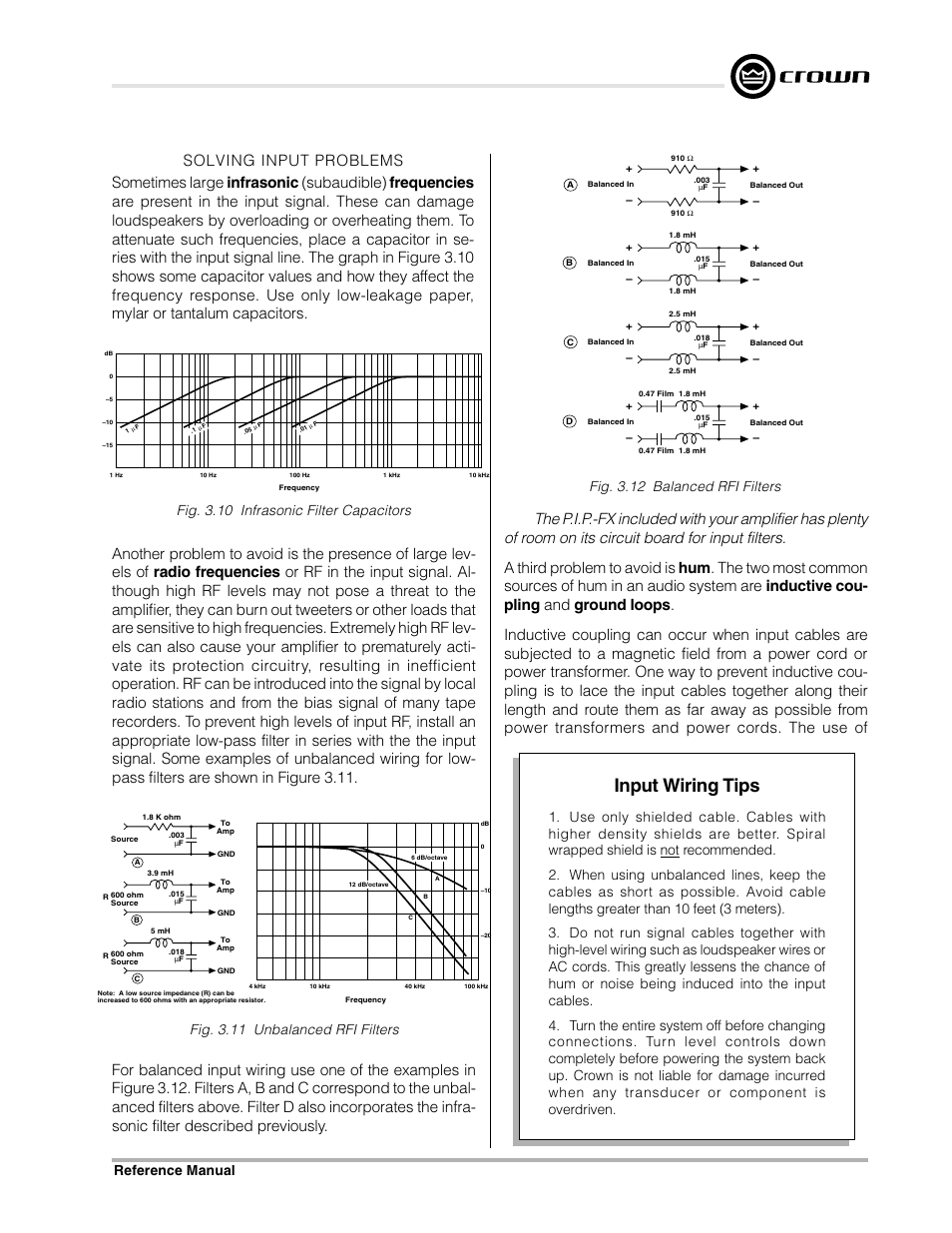 Input wiring tips, Fig. 3.12 balanced rfi filters, Fig. 3.10 infrasonic filter capacitors | Fig. 3.11 unbalanced rfi filters | Crown Audio Macro-Tech Series (600, 1200 & 2400) User Manual | Page 15 / 42