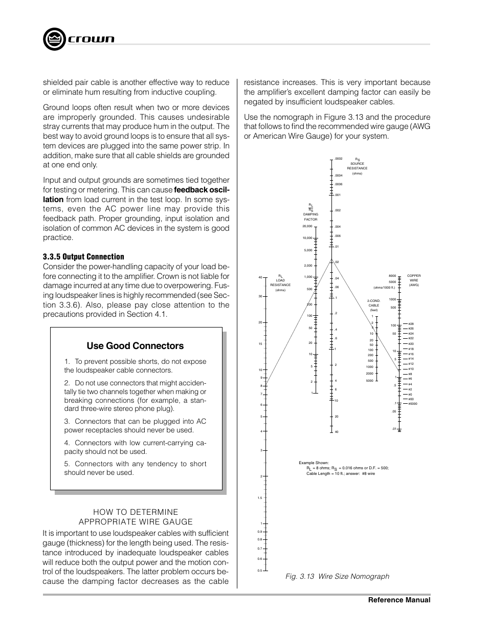 Use good connectors, Fig. 3.13 wire size nomograph | Crown Audio Macro-Tech Series (600, 1200 & 2400) User Manual | Page 16 / 42
