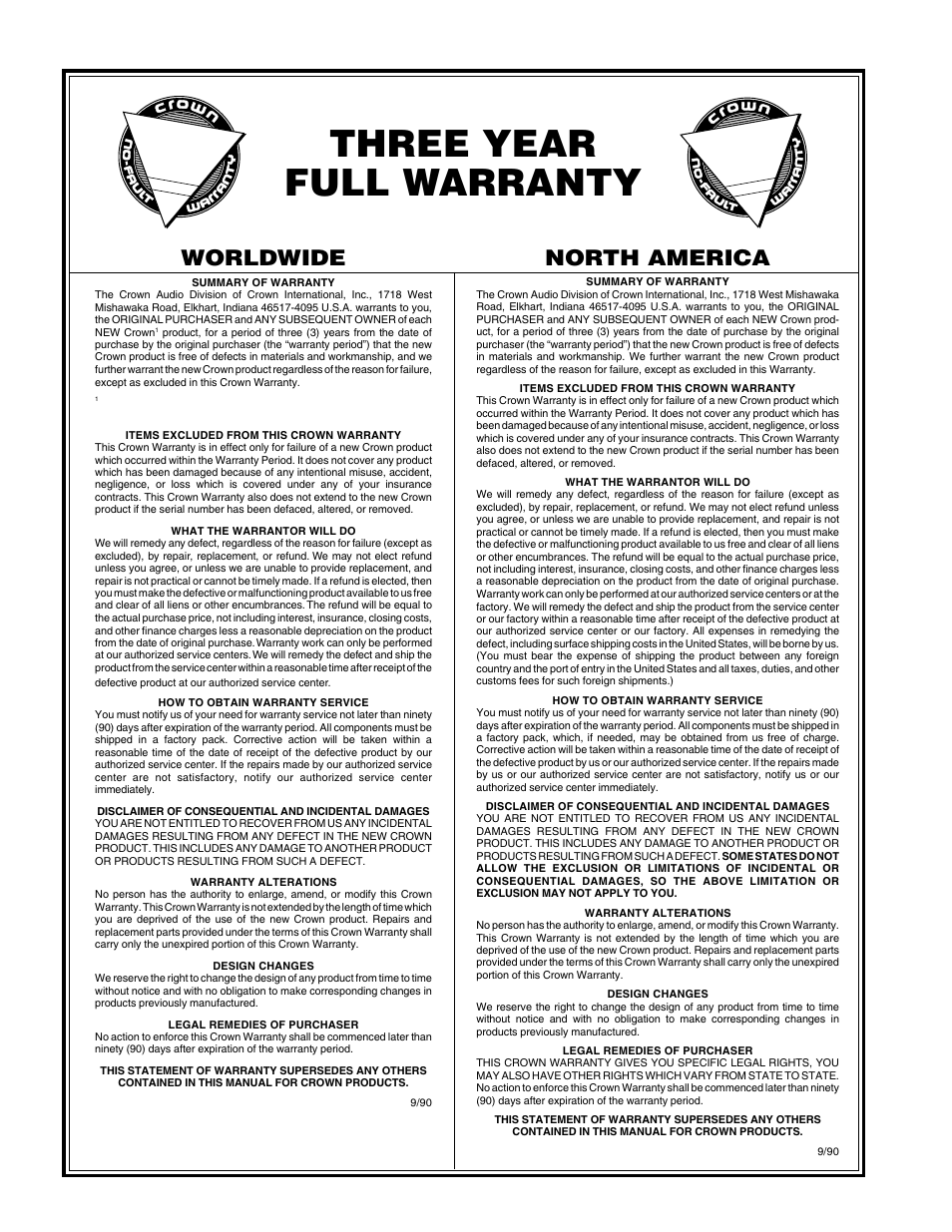 Three year full warranty, Worldwide, North america | Crown Audio Macro-Tech Series (600, 1200 & 2400) User Manual | Page 2 / 42
