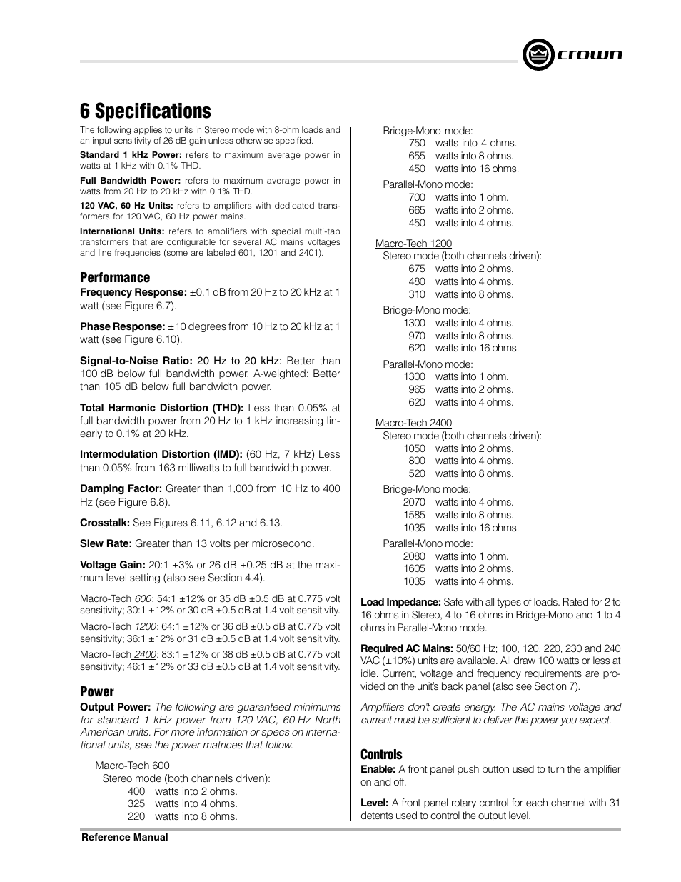 6 specifications, Performance, Power | Controls | Crown Audio Macro-Tech Series (600, 1200 & 2400) User Manual | Page 27 / 42